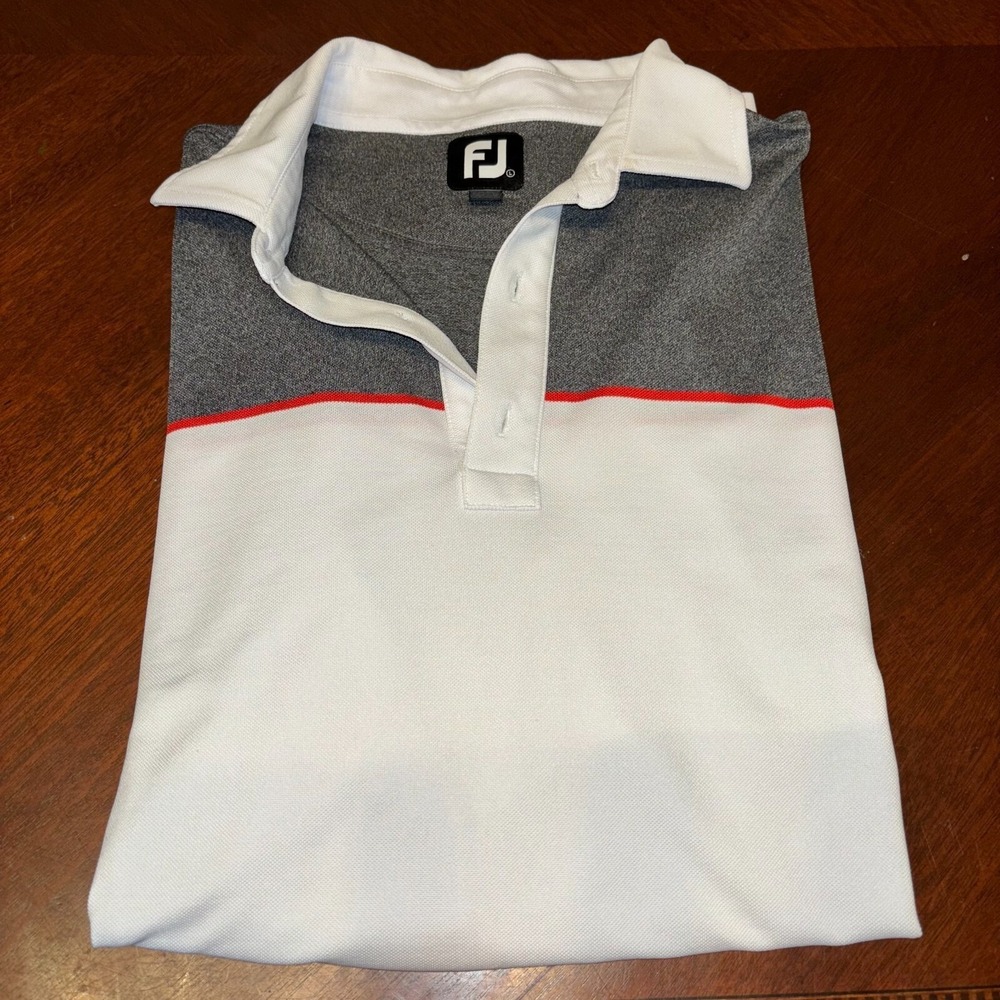 FootJoy Mens Golf PoloShirt Large White Gray Red Stripe Performance Short Sleeve